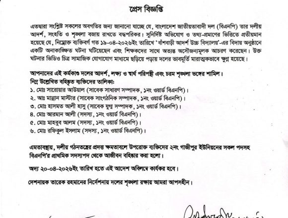 শ্রীপুরে শিক্ষকদের সাথে অসৌজন্যমূলক আচরণ,বহিষ্কৃত ৬ বিএনপি নেতা-কর্মী