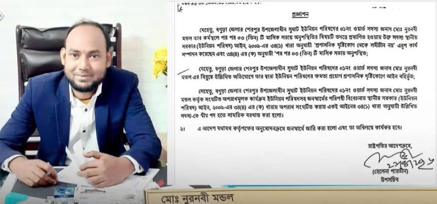 শেরপুরের সুঘাট ইউপি সদস্য নুরনবী মন্ডল সাময়িকভাবে বরখাস্ত