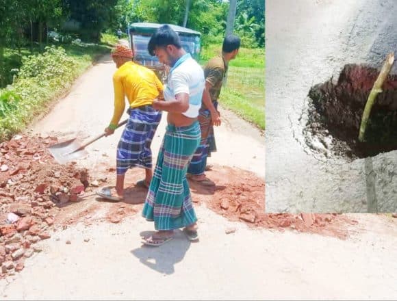 সংবাদ প্রকাশের ২৪ ঘণ্টার মধ্যেই ভেঙে যাওয়া রাস্তা সংস্কার
