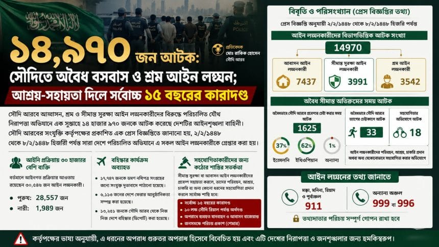 ১৪,৯৭০ জন আটক: সৌদিতে অবৈধ বসবাস ও শ্রম আইন লঙ্ঘন; আশ্রয়-সহায়তা দিলে সর্বোচ্চ ১৫ বছরের কারাদণ্ড