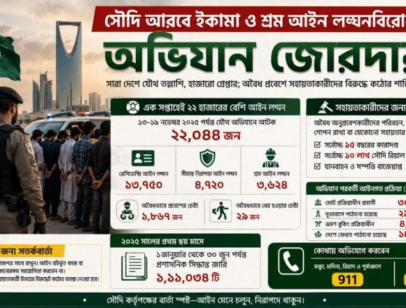 IMG-20260901-WA0006 সৌদি আরবে ইকামা ও শ্রম আইন লঙ্ঘনবিরোধী অভিযান জোরদারসারা দেশে যৌথ তল্লাশি, হাজারো গ্রেপ্তার; অবৈধ প্রবেশে সহায়তাকারীদের বিরুদ্ধে কঠোর শাস্তির সতর্কতা